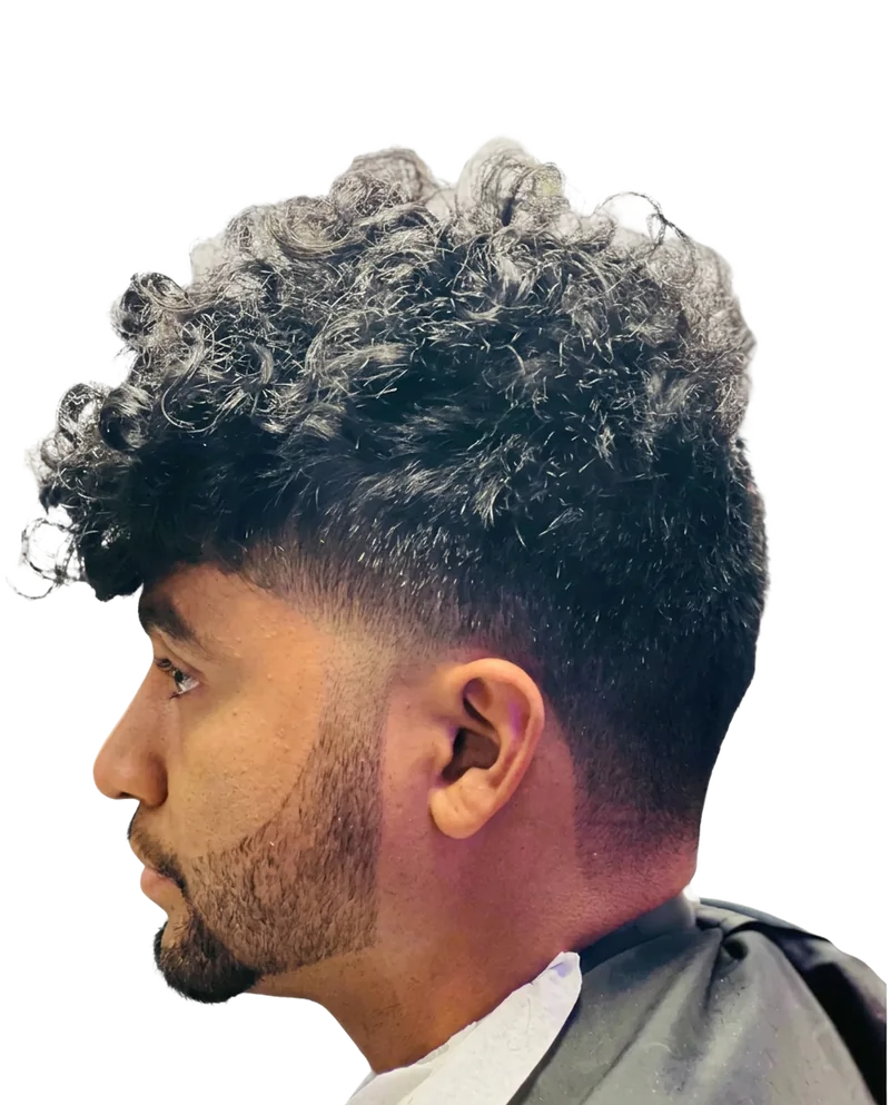 Textured curly top with a temp fade and sculpted beard shape-up for curly hair, Hair Affair Barbershop, Tarpon Springs, FL